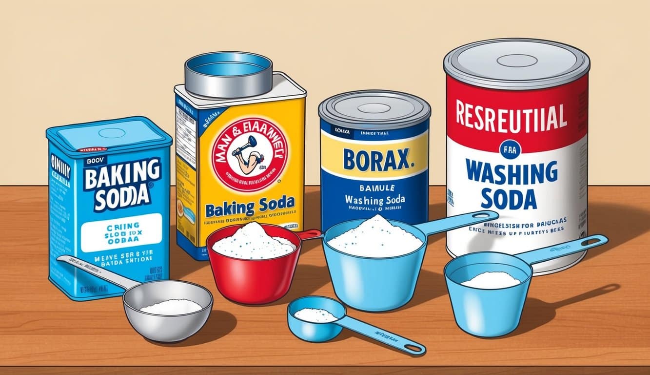 A table with various containers of essential ingredients like baking soda, borax, and washing soda, along with measuring cups and spoons