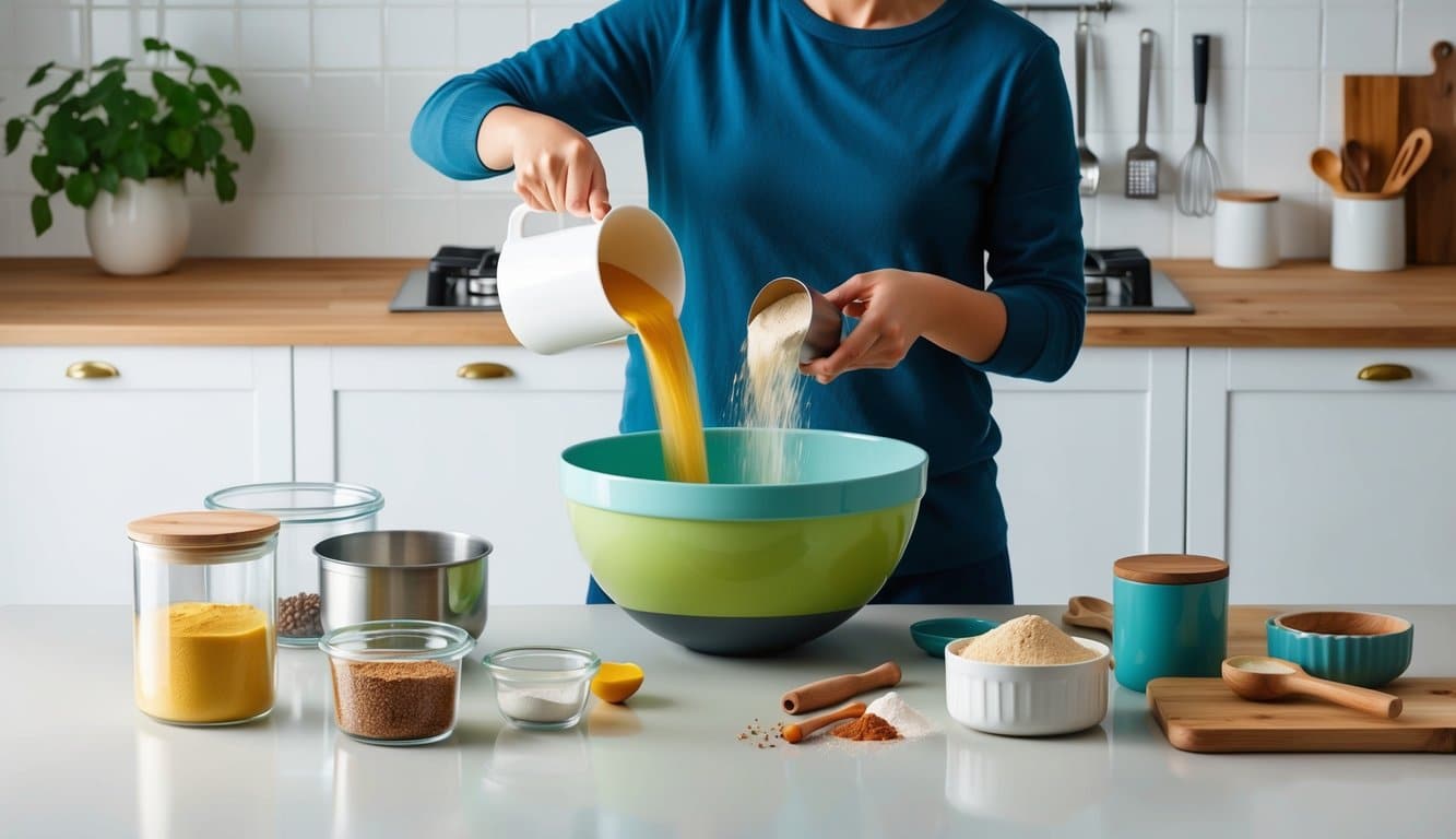 A person pouring ingredients into a large mixing bowl, surrounded by various containers and tools on a clean kitchen counter