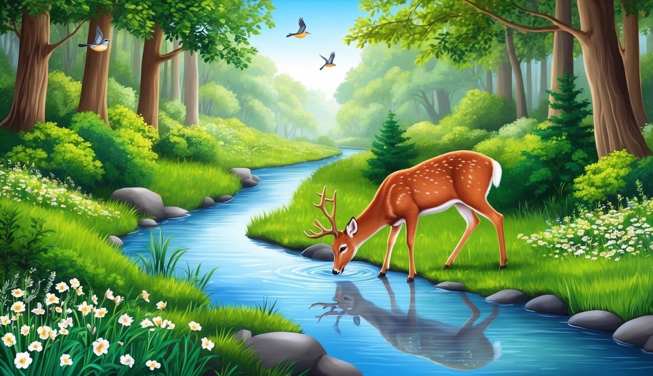 A serene forest with a clear stream running through it, surrounded by blooming wildflowers and lush greenery. A deer peacefully drinks from the water, while birds chirp in the trees above