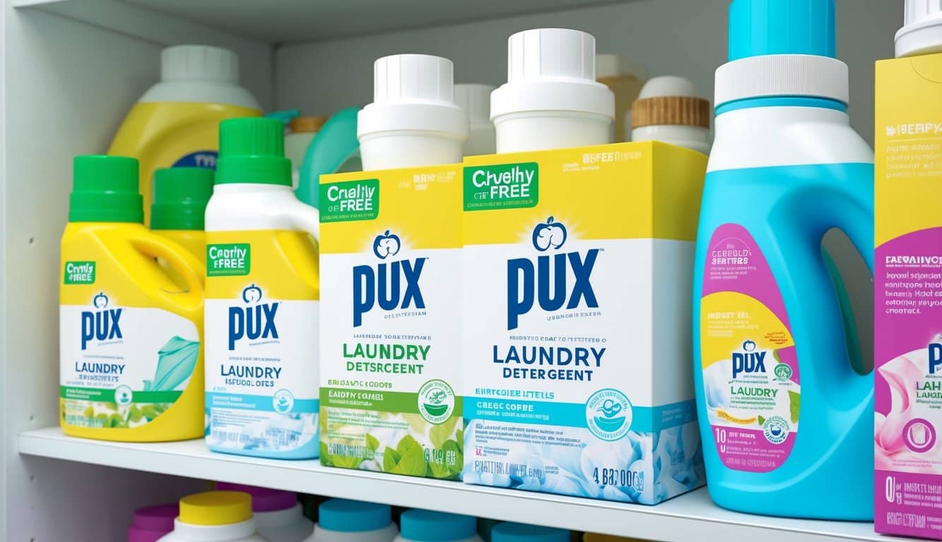 A shelf of laundry detergents and soaps, with clear ingredient labels and a "cruelty-free" certification logo. Bright and clean packaging with eco-friendly imagery