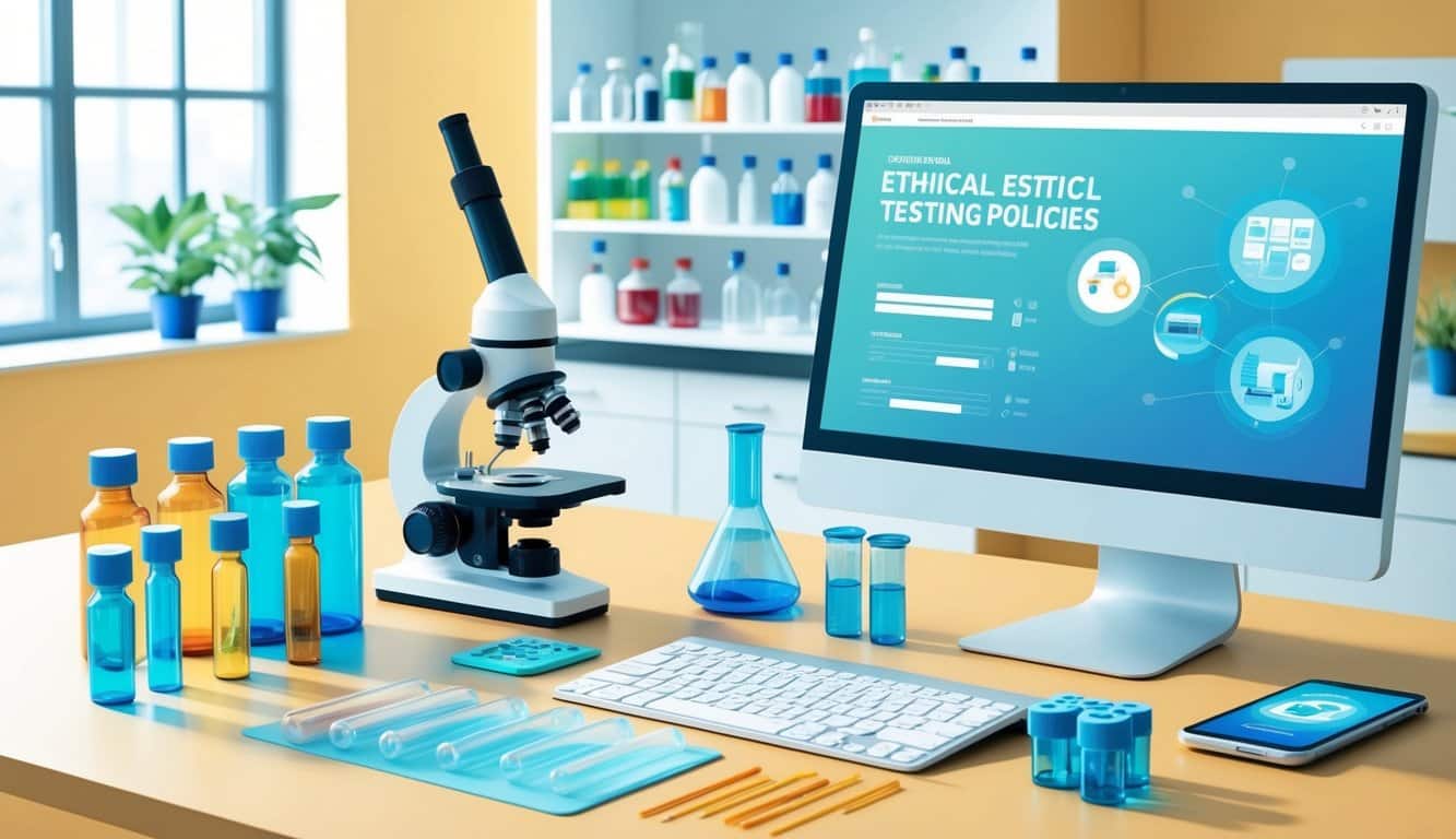 A bright and clean laboratory setting with rows of colorful bottles and tubes, a microscope, and a computer displaying data on ethical testing policies