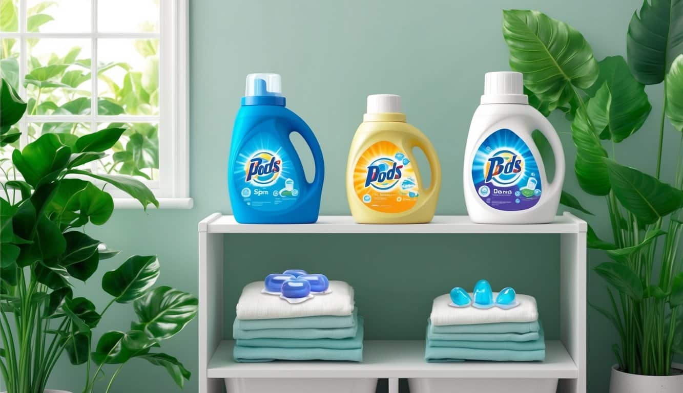 A serene laundry room with three detergent formats (liquid, powder, pods) neatly arranged on a shelf, surrounded by lush green plants and natural light streaming in through a window