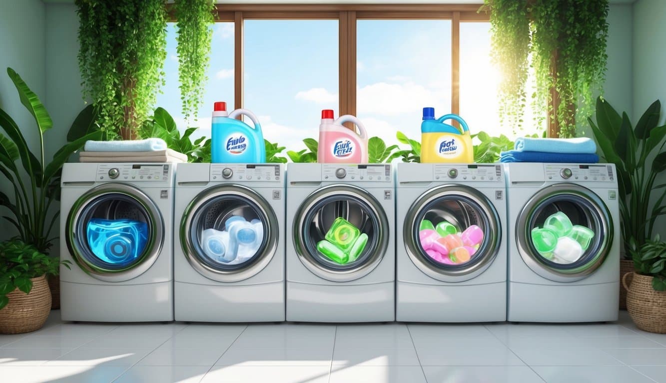 A serene, sunlit laundry room with three identical washing machines side by side. Each machine is filled with a different type of eco-friendly laundry detergent format - liquid, powder, and pods. The room is filled with lush green plants, emphasizing the environmental impact of each format