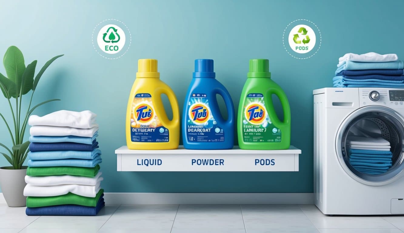 A serene laundry room with three detergent formats (liquid, powder, pods) lined up on a shelf, surrounded by eco-friendly symbols and clean, folded laundry