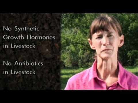 A woman in a pink shirt stands outdoors. Text beside her reads: "No Synthetic Growth Hormones in Livestock. No Antibiotics in Livestock.