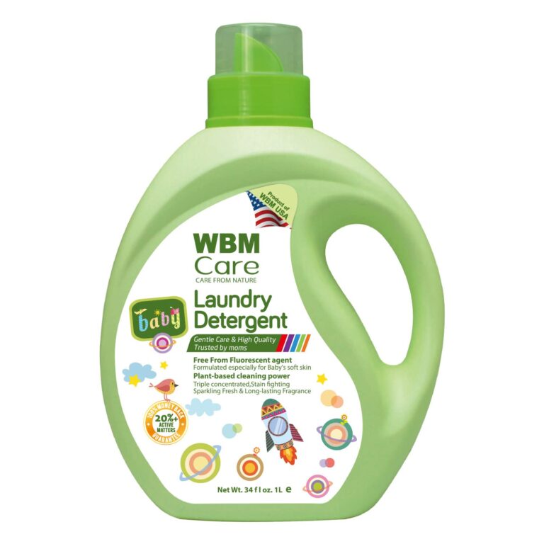 Bottle of WBM Care baby laundry detergent with a green cap. Labels highlight gentle care, natural ingredients, and a baby-friendly formula. Decorated with colorful bubbles and a rocket design.