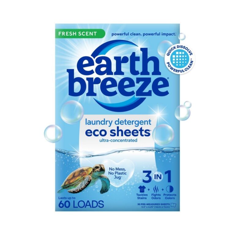 Packaging of Earth Breeze laundry detergent eco sheets, featuring a turtle and bubbles, highlighting "3 in 1" benefits for 60 loads.