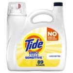 Tide Simply Free & Sensitive detergent, unscented, 89 loads capacity, labeled "No Dyes or Perfumes.