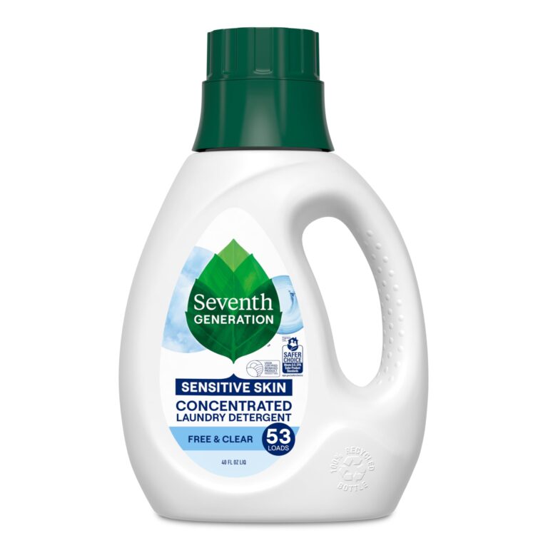 A bottle of Seventh Generation Sensitive Skin Concentrated Laundry Detergent, Free & Clear, for 53 loads, with blue and green labeling.